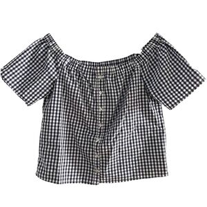 Reitmans Off the Shoulder Southern Belle Navy & White Gingham Top Size Small